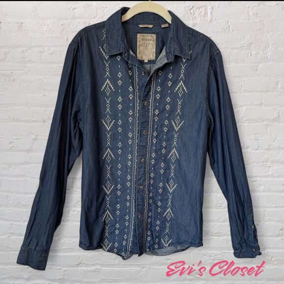 Womens Guess Jeans Denim Long Sleeve Button Down Shirt Embroidered Sz S - Picture 1 of 9